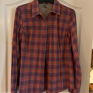 Duluth Trading Co Orange and Blue Plaid Shirt